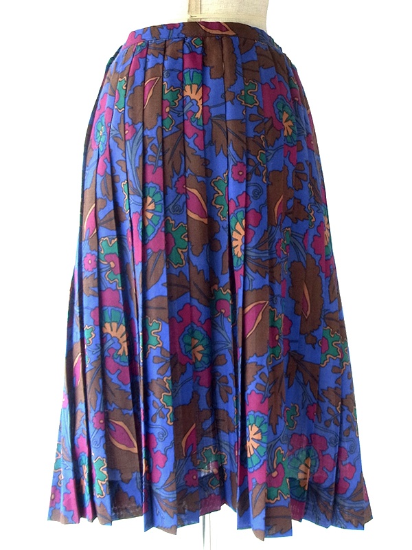 【ヨーロッパ古着】フランス買い付け 60年代製 ブルー X カラフル 花柄 プリーツ スカート 21FC320【おとなかわいい】