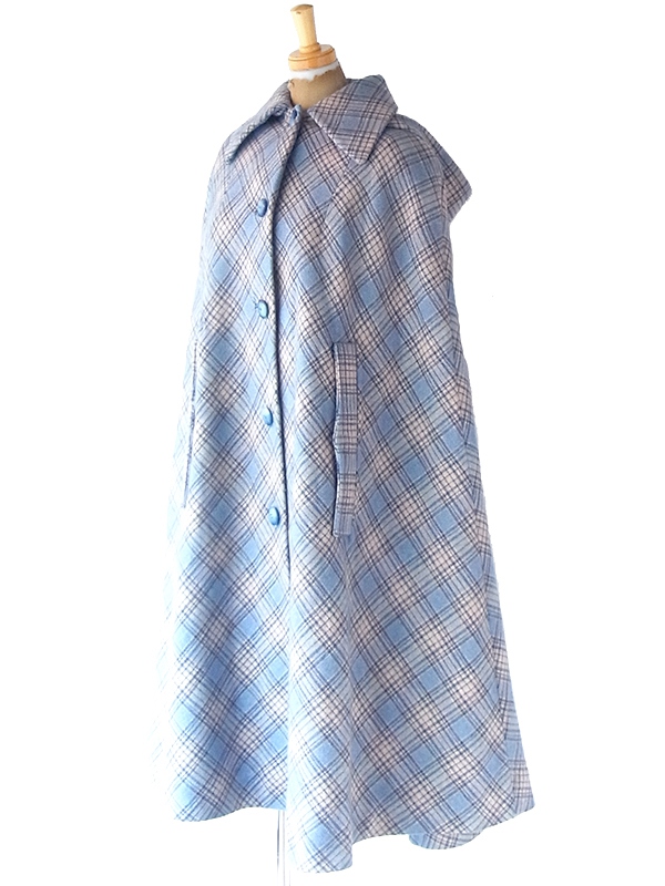 ヨーロッパ古着 フランス買い付け 60年代製 水色 X グレイ チェック柄 着脱可能フード付き ウール マントコート 21FC324