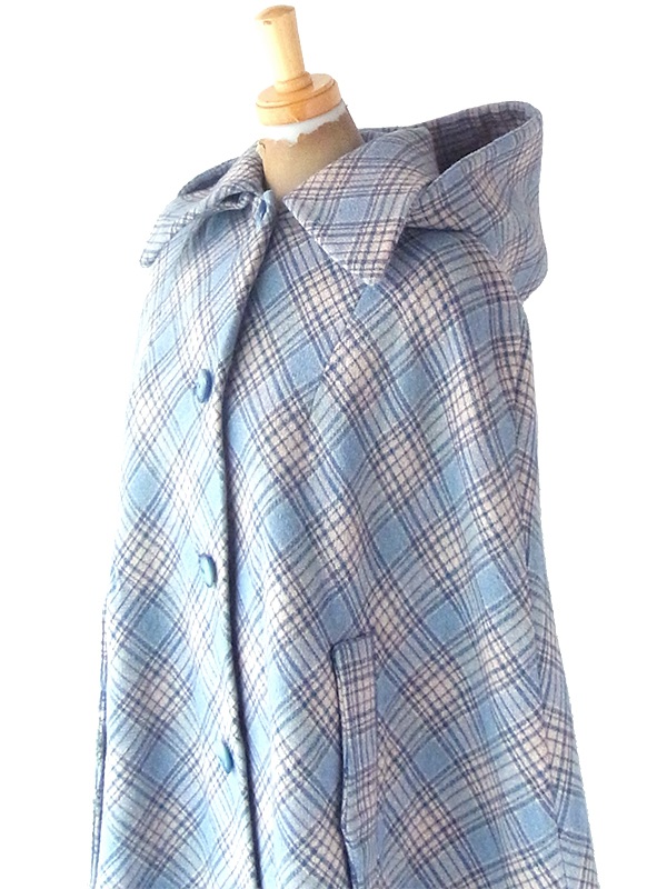 ヨーロッパ古着 フランス買い付け 60年代製 水色 X グレイ チェック柄 着脱可能フード付き ウール マントコート 21FC324