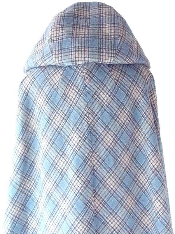 ヨーロッパ古着 フランス買い付け 60年代製 水色 X グレイ チェック柄 着脱可能フード付き ウール マントコート 21FC324