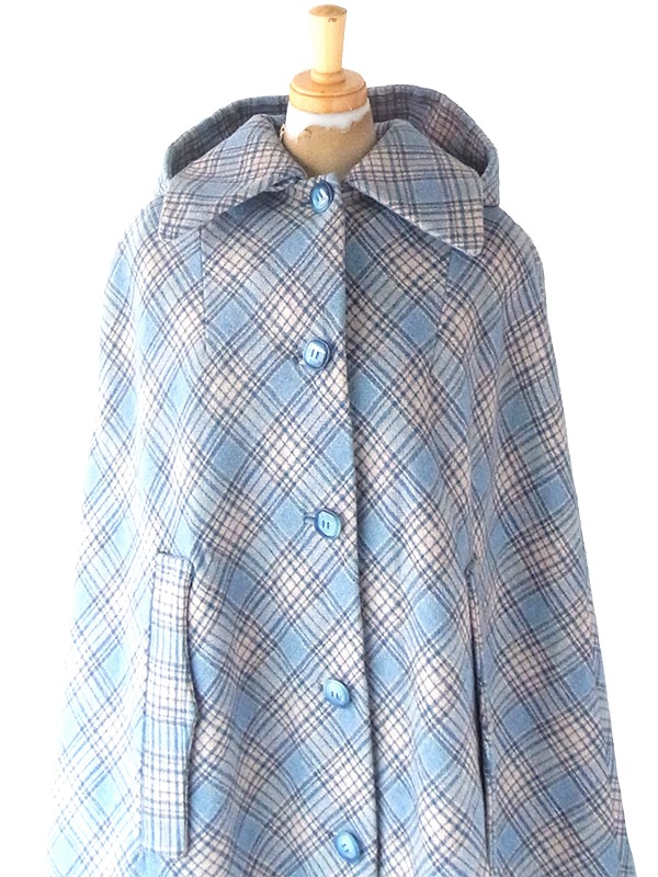 ヨーロッパ古着 フランス買い付け 60年代製 水色 X グレイ チェック柄 着脱可能フード付き ウール マントコート 21FC324