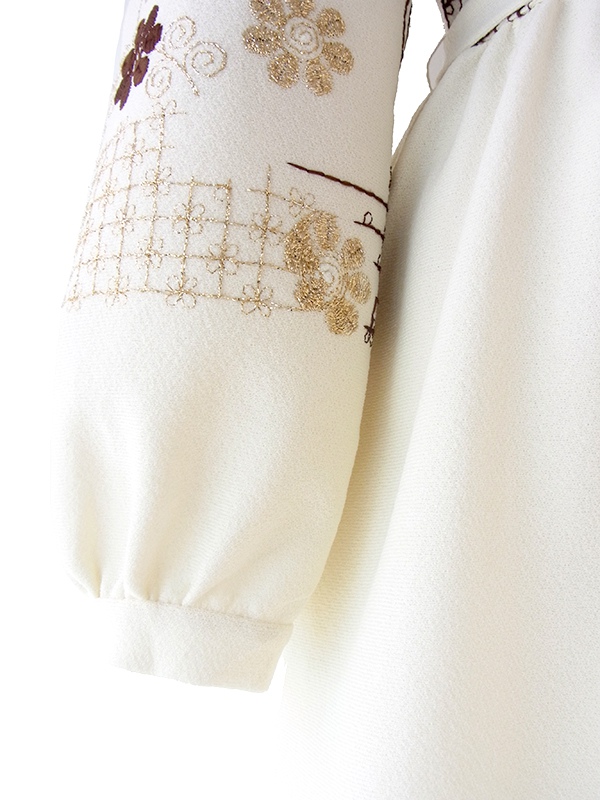 ヨーロッパ古着 ロンドン買い付け 70年代製 アイボリー X ブラウン・ゴールド 刺繍 共布ベルト ワンピース 21OM509