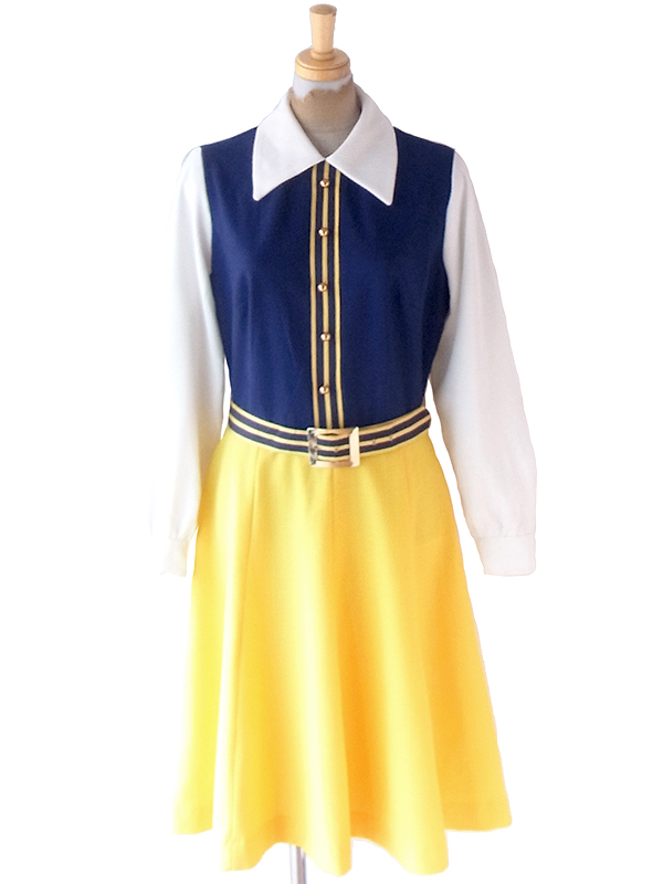 ロンドン買い付け 70年代製 ホワイト X イエロー・ブルー 腕部生地切り返し ベルト付き ワンピース 21OM910