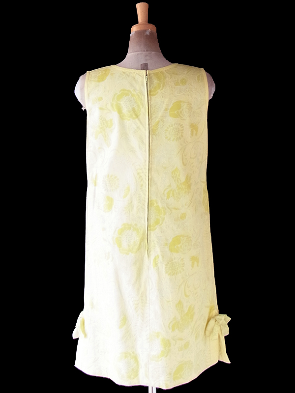 ヨーロッパ古着 ロンドン買い付け 60年代製 レモンイエロー X 花柄 裾元リボン付き ヴィンテージ ワンピース 22BS001
