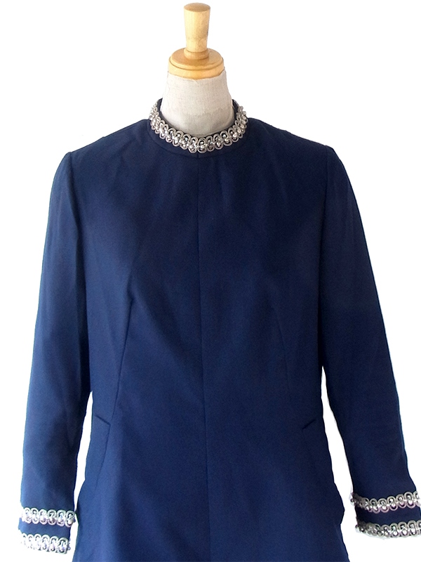 ヨーロッパ古着 ロンドン買い付け 70年代製 ロイヤルブルー X パール風装飾 ポケット付き ヴィンテージ ワンピース 22BS205