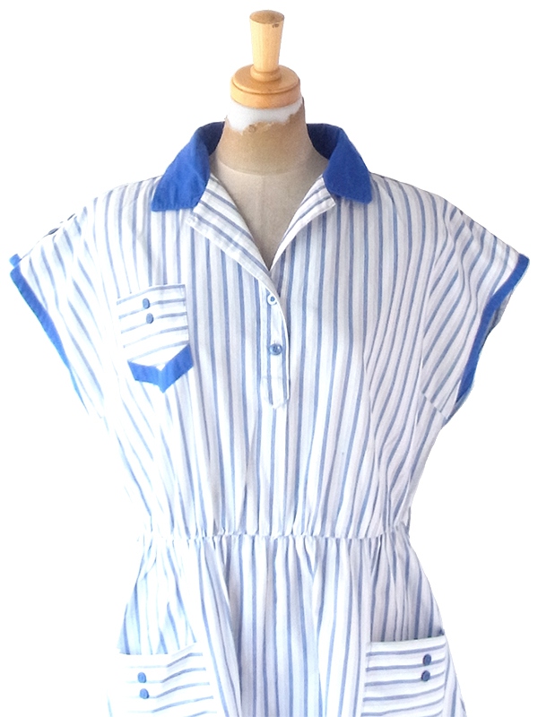 ヨーロッパ古着 フランス買い付け 60年代製 ホワイト X ブルー ストライプ ポケット付き ヴィンテージ ワンピース　22FC003