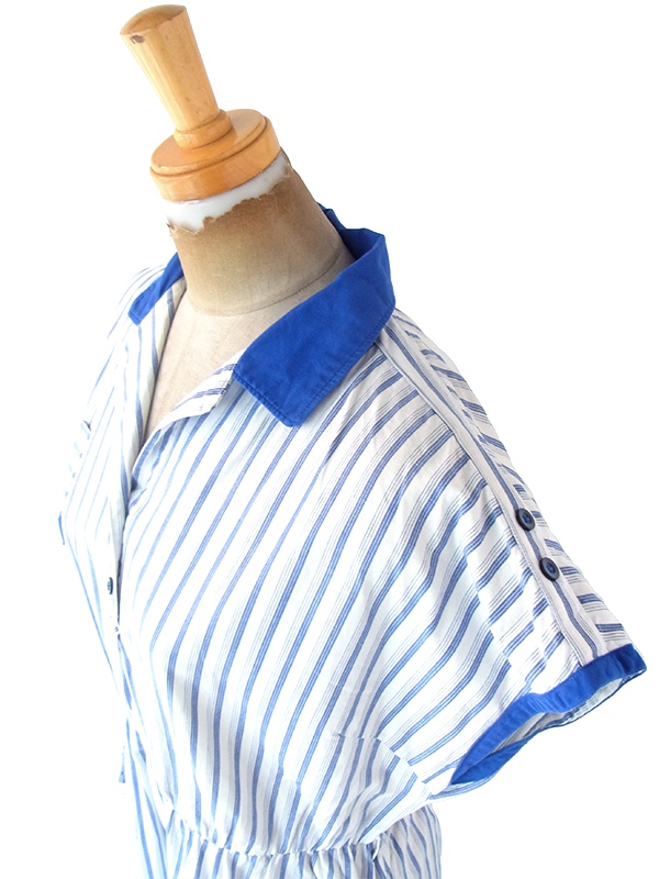 ヨーロッパ古着 フランス買い付け 60年代製 ホワイト X ブルー ストライプ ポケット付き ヴィンテージ ワンピース　22FC003