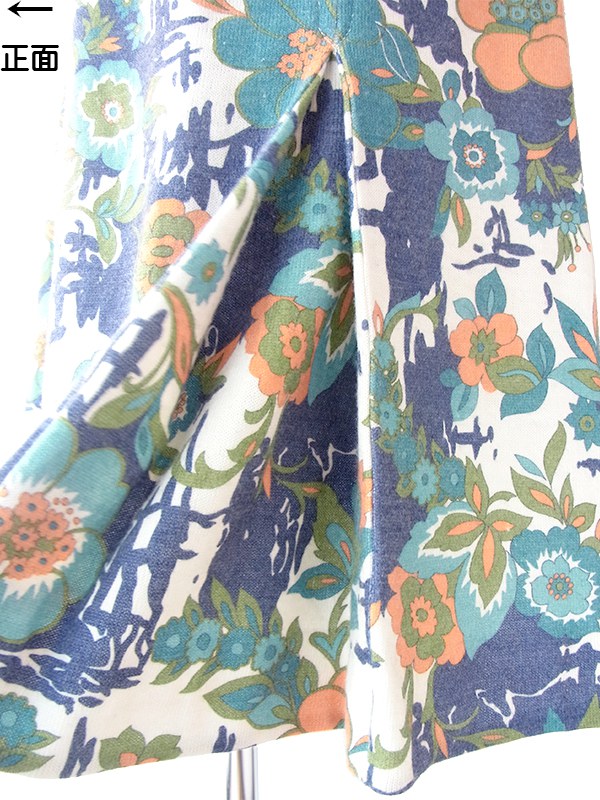 ヨーロッパ古着 フランス買い付け 60年代製 ブルー・エメラルドグリーン X 花柄 ヴィンテージ ワンピース 22FC004