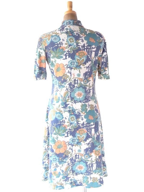 ヨーロッパ古着 フランス買い付け 60年代製 ブルー・エメラルドグリーン X 花柄 ヴィンテージ ワンピース 22FC004