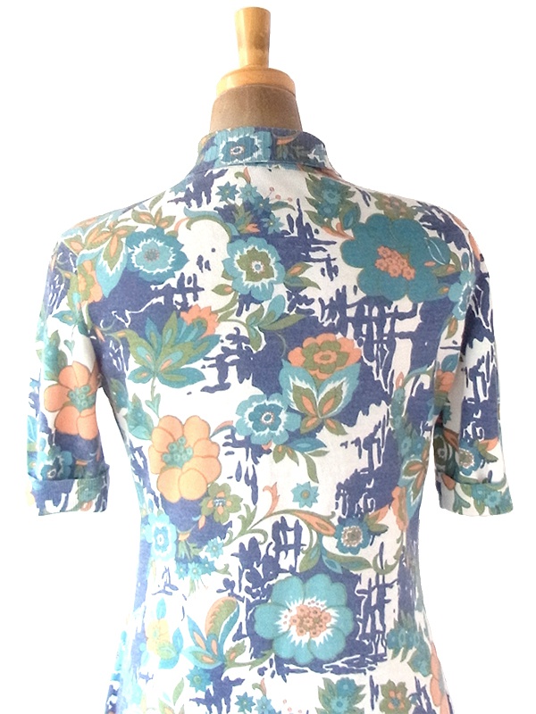 ヨーロッパ古着 フランス買い付け 60年代製 ブルー・エメラルドグリーン X 花柄 ヴィンテージ ワンピース 22FC004