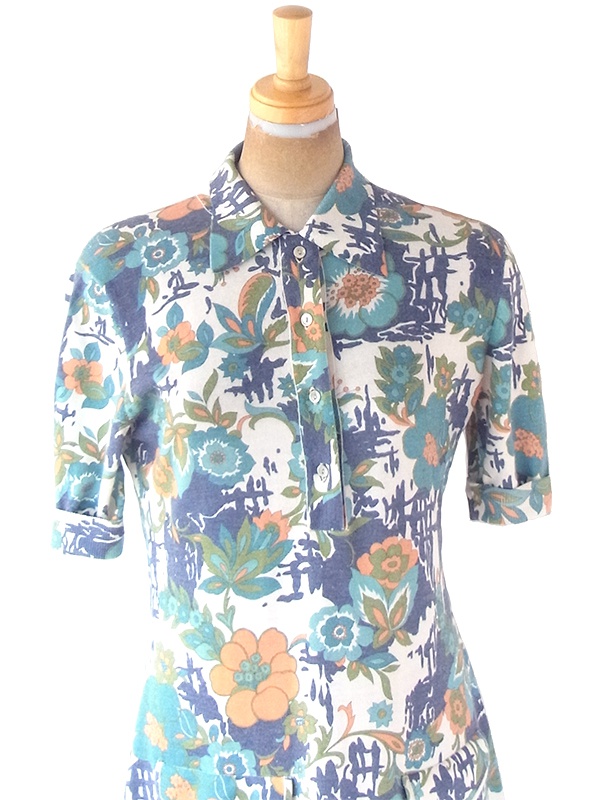 ヨーロッパ古着 フランス買い付け 60年代製 ブルー・エメラルドグリーン X 花柄 ヴィンテージ ワンピース 22FC004