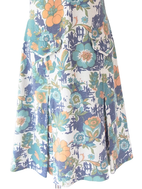 ヨーロッパ古着 フランス買い付け 60年代製 ブルー・エメラルドグリーン X 花柄 ヴィンテージ ワンピース 22FC004