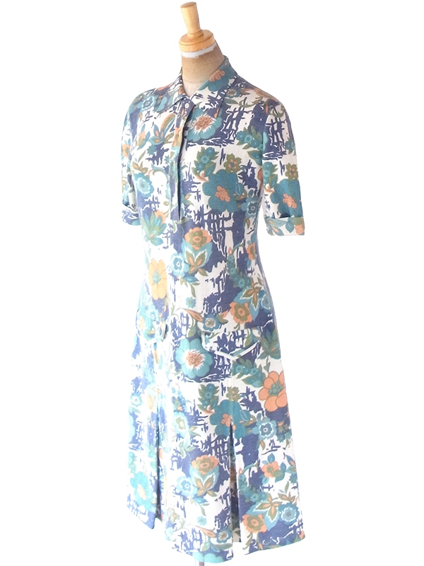 ヨーロッパ古着 フランス買い付け 60年代製 ブルー・エメラルドグリーン X 花柄 ヴィンテージ ワンピース 22FC004