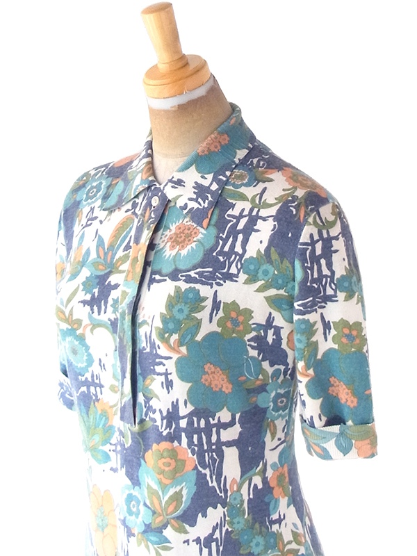 ヨーロッパ古着 フランス買い付け 60年代製 ブルー・エメラルドグリーン X 花柄 ヴィンテージ ワンピース 22FC004