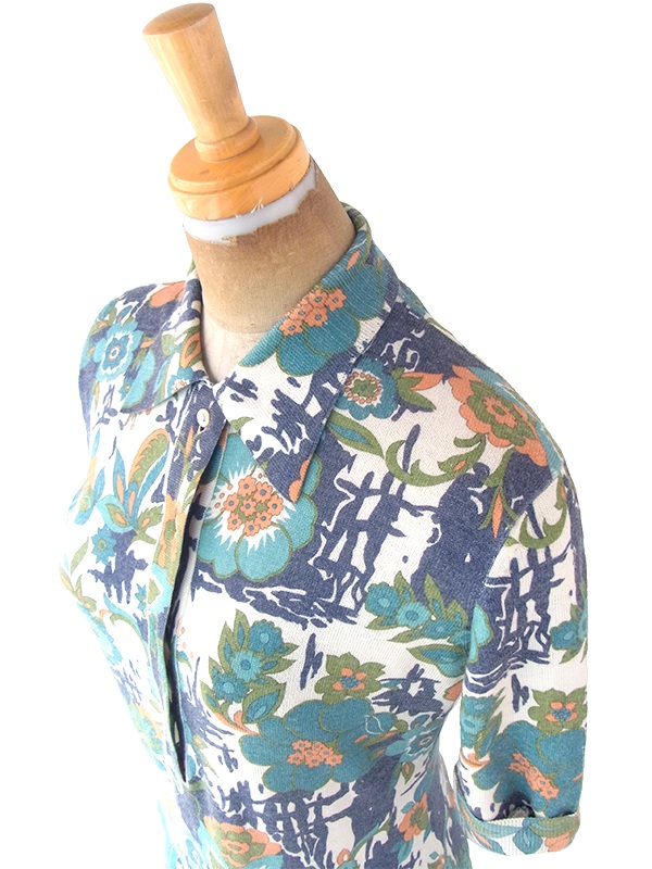 ヨーロッパ古着 フランス買い付け 60年代製 ブルー・エメラルドグリーン X 花柄 ヴィンテージ ワンピース 22FC004