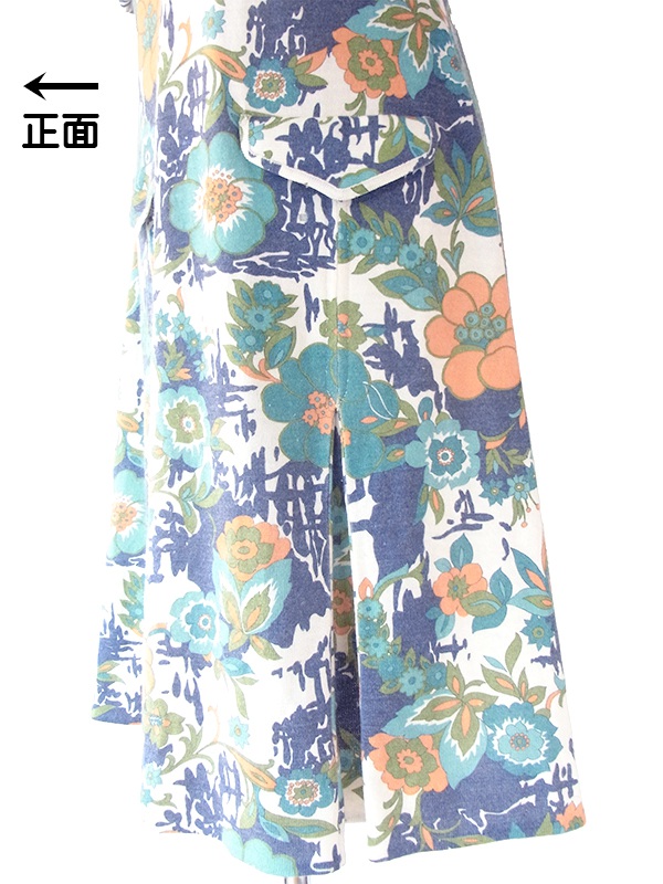 ヨーロッパ古着 フランス買い付け 60年代製 ブルー・エメラルドグリーン X 花柄 ヴィンテージ ワンピース 22FC004