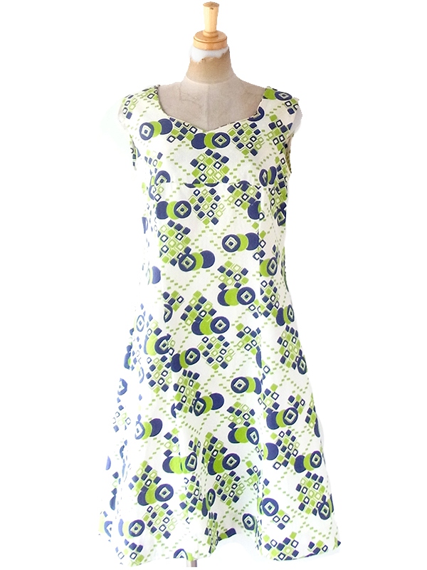 ヨーロッパ古着 フランス買い付け 60年代製 ホワイト X グリーン・ブルー レトロ柄 ヴィンテージ ワンピース 22FC008