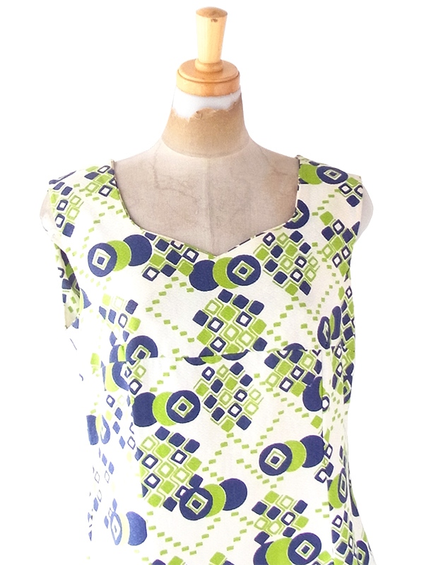 ヨーロッパ古着 フランス買い付け 60年代製 ホワイト X グリーン・ブルー レトロ柄 ヴィンテージ ワンピース 22FC008