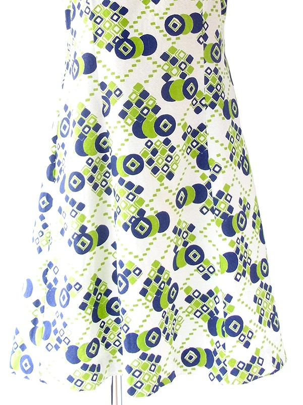 ヨーロッパ古着 フランス買い付け 60年代製 ホワイト X グリーン・ブルー レトロ柄 ヴィンテージ ワンピース 22FC008