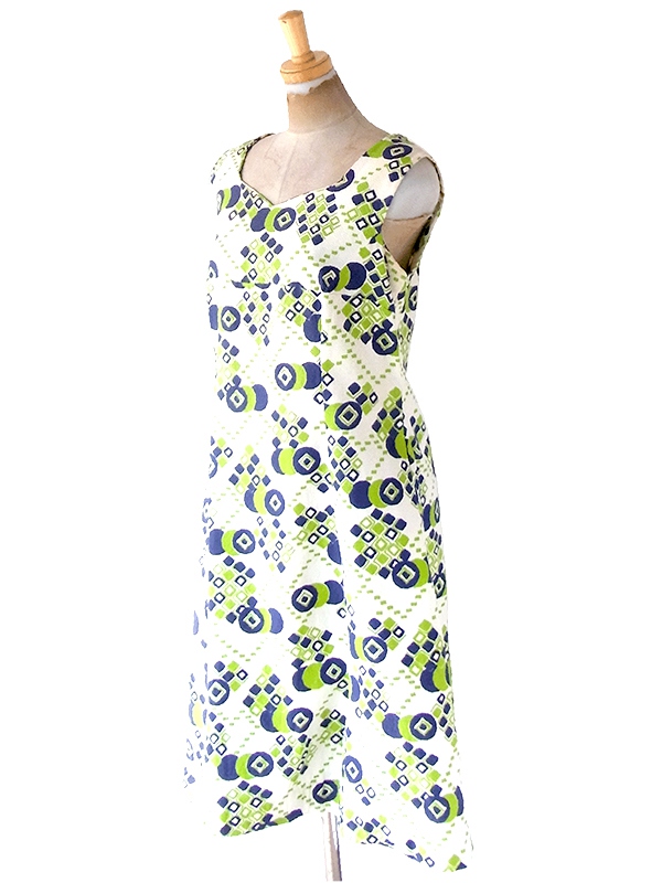 ヨーロッパ古着 フランス買い付け 60年代製 ホワイト X グリーン・ブルー レトロ柄 ヴィンテージ ワンピース 22FC008
