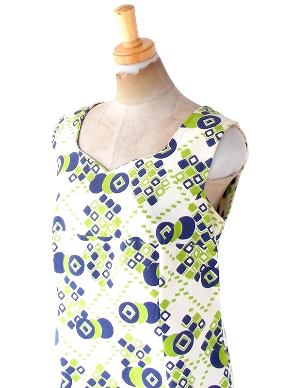 ヨーロッパ古着 フランス買い付け 60年代製 ホワイト X グリーン・ブルー レトロ柄 ヴィンテージ ワンピース 22FC008