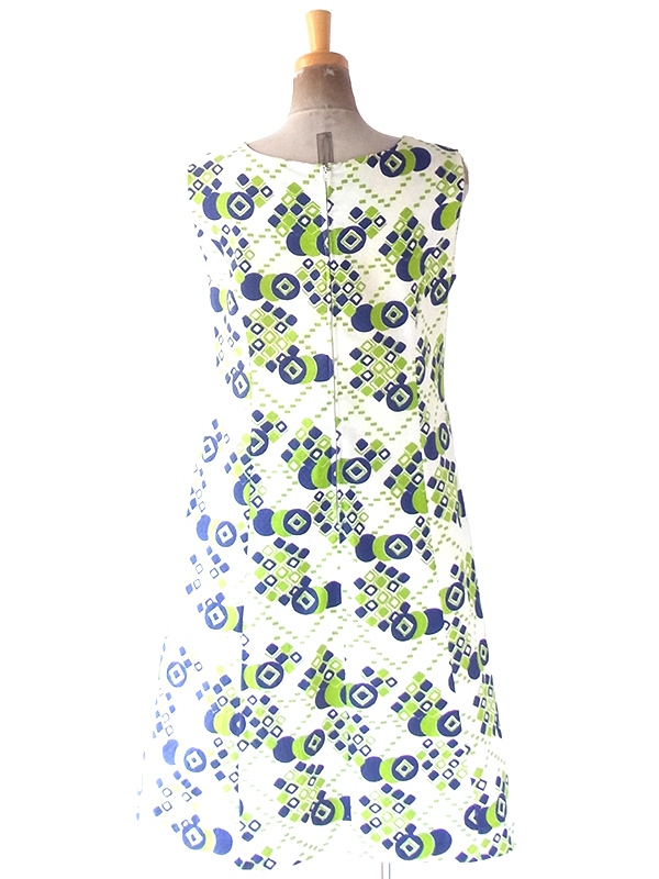 ヨーロッパ古着 フランス買い付け 60年代製 ホワイト X グリーン・ブルー レトロ柄 ヴィンテージ ワンピース 22FC008