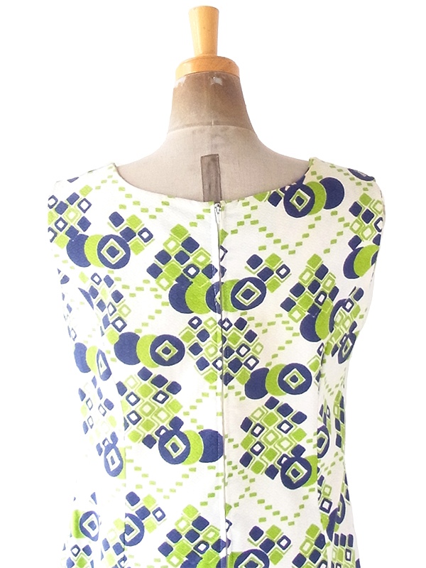 ヨーロッパ古着 フランス買い付け 60年代製 ホワイト X グリーン・ブルー レトロ柄 ヴィンテージ ワンピース 22FC008