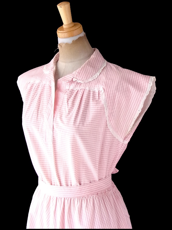 ヨーロッパ古着 60年代フランス製 ピンク X ギンガムチェック ポケット・共布ベルト付き ヴィンテージ ワンピース 22FC017