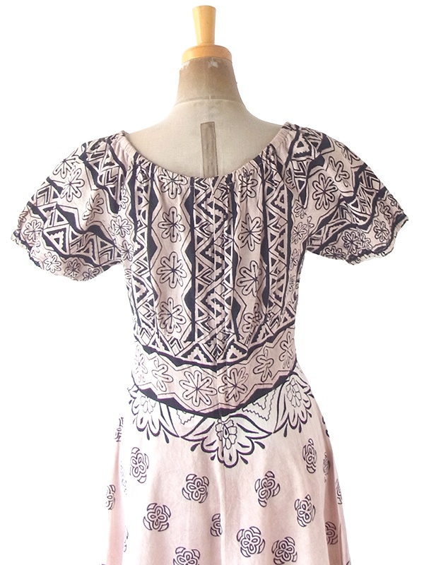 ヨーロッパ古着 フランス買い付け 60年代製 サンドベージュ X ブラック レトロ柄 ロング丈 カット裾 ワンピース 22FC019