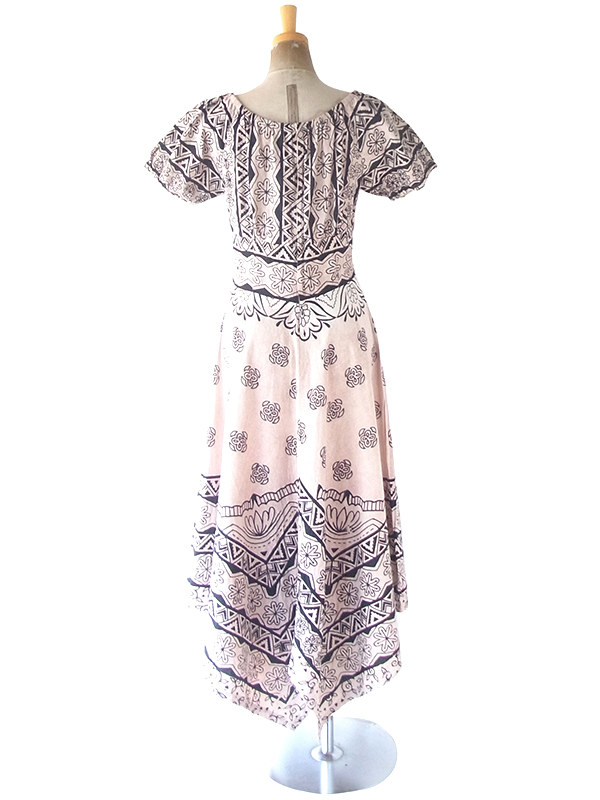 ヨーロッパ古着 フランス買い付け 60年代製 サンドベージュ X ブラック レトロ柄 ロング丈 カット裾 ワンピース 22FC019