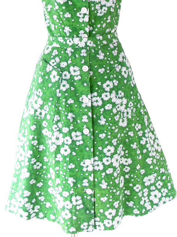 ヨーロッパ古着 フランス買い付け 60年代製 グリーン X ホワイト 花柄 共布ベルト・ポケット付き ワンピース 22FC020
