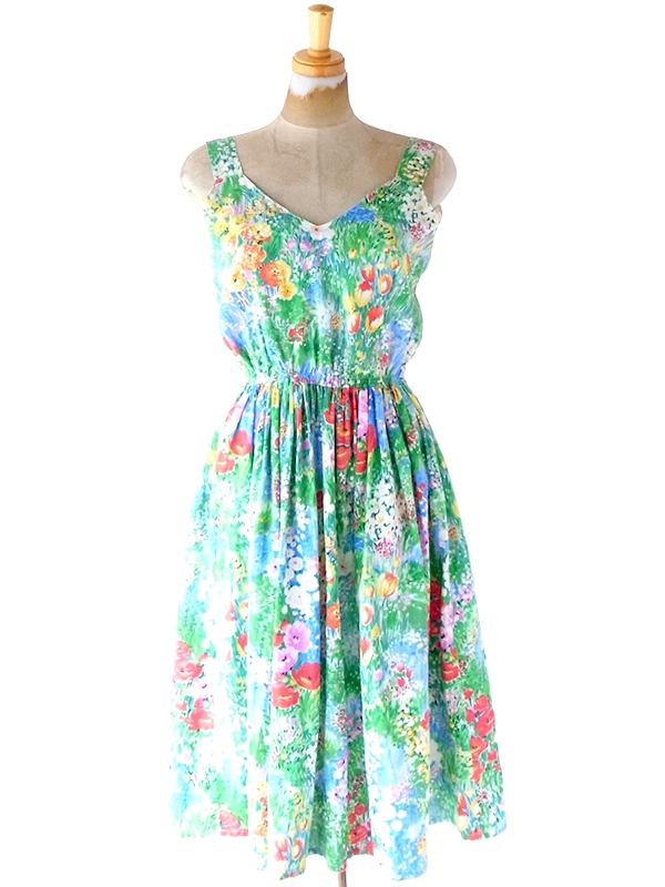 ヨーロッパ古着 フランス買い付け 60年代製 カラフル X 絵画のような花柄プリント ヴィンテージ ギャザー ワンピース 22FC108