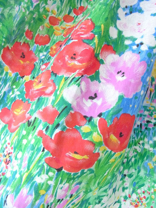 ヨーロッパ古着 フランス買い付け 60年代製 カラフル X 絵画のような花柄プリント ヴィンテージ ギャザー ワンピース 22FC108
