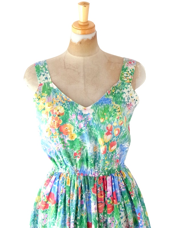 ヨーロッパ古着 フランス買い付け 60年代製 カラフル X 絵画のような花柄プリント ヴィンテージ ギャザー ワンピース 22FC108