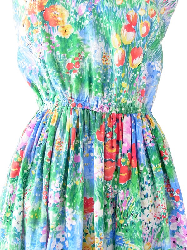 ヨーロッパ古着 フランス買い付け 60年代製 カラフル X 絵画のような花柄プリント ヴィンテージ ギャザー ワンピース 22FC108