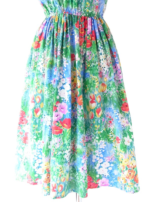 ヨーロッパ古着 フランス買い付け 60年代製 カラフル X 絵画のような花柄プリント ヴィンテージ ギャザー ワンピース 22FC108