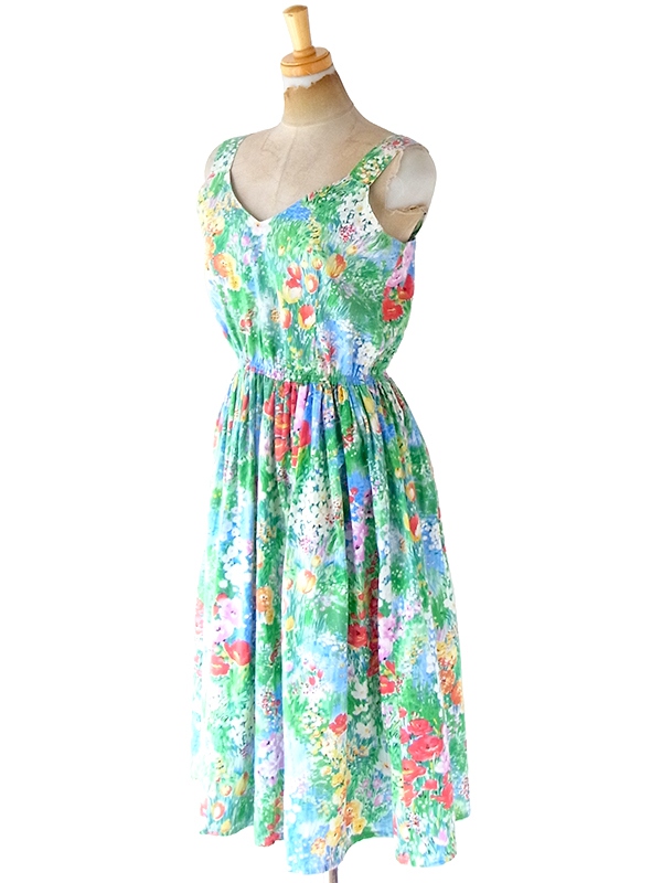 ヨーロッパ古着 フランス買い付け 60年代製 カラフル X 絵画のような花柄プリント ヴィンテージ ギャザー ワンピース 22FC108