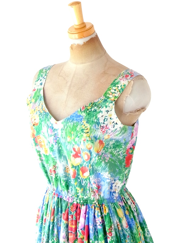 ヨーロッパ古着 フランス買い付け 60年代製 カラフル X 絵画のような花柄プリント ヴィンテージ ギャザー ワンピース 22FC108