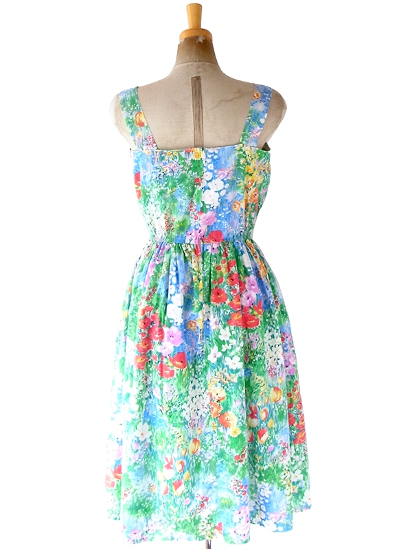 ヨーロッパ古着 フランス買い付け 60年代製 カラフル X 絵画のような花柄プリント ヴィンテージ ギャザー ワンピース 22FC108