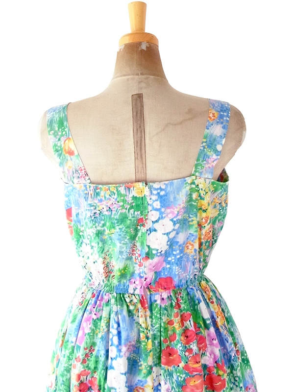 ヨーロッパ古着 フランス買い付け 60年代製 カラフル X 絵画のような花柄プリント ヴィンテージ ギャザー ワンピース 22FC108