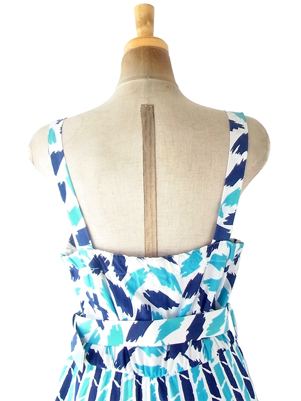 ヨーロッパ古着 フランス買い付け 60年代製 ホワイト X ブルー・ネイビー レトロ柄 組紐 共布ベルト付き ワンピース 22FC119