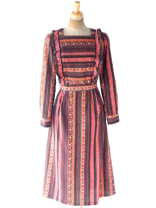 ヨーロッパ古着 ロンドン買い付け 60年代製 花柄 X ピンストライプ 共布ベルト付き ヴィンテージ ワンピース 22OM008