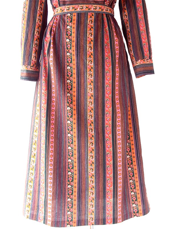 ヨーロッパ古着 ロンドン買い付け 60年代製 花柄 X ピンストライプ 共布ベルト付き ヴィンテージ ワンピース 22OM008