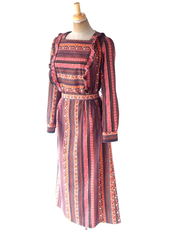 ヨーロッパ古着 ロンドン買い付け 60年代製 花柄 X ピンストライプ 共布ベルト付き ヴィンテージ ワンピース 22OM008