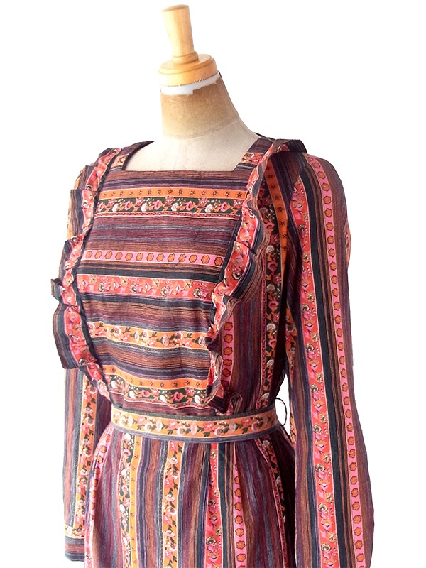 ヨーロッパ古着 ロンドン買い付け 60年代製 花柄 X ピンストライプ 共布ベルト付き ヴィンテージ ワンピース 22OM008