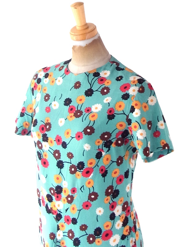 ヨーロッパ古着 フランス買い付け 70年代製 ミントグリーン X カラフル レトロ花柄 ヴィンテージ ワンピース 22OM103