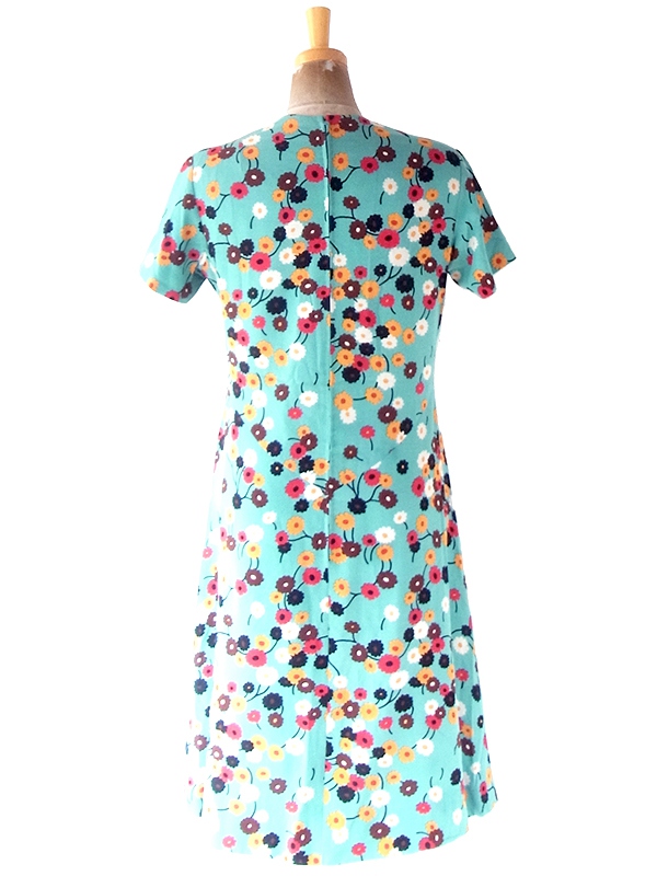 ヨーロッパ古着 フランス買い付け 70年代製 ミントグリーン X カラフル レトロ花柄 ヴィンテージ ワンピース 22OM103