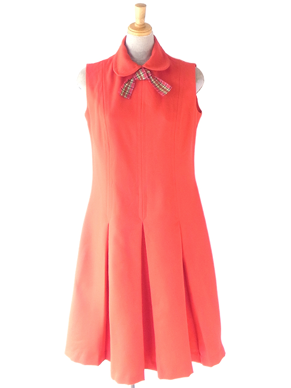 ヨーロッパ古着 ロンドン買い付け 70年代製 レッド X タータンチェック リボン プリーツ ワンピース 22OM300