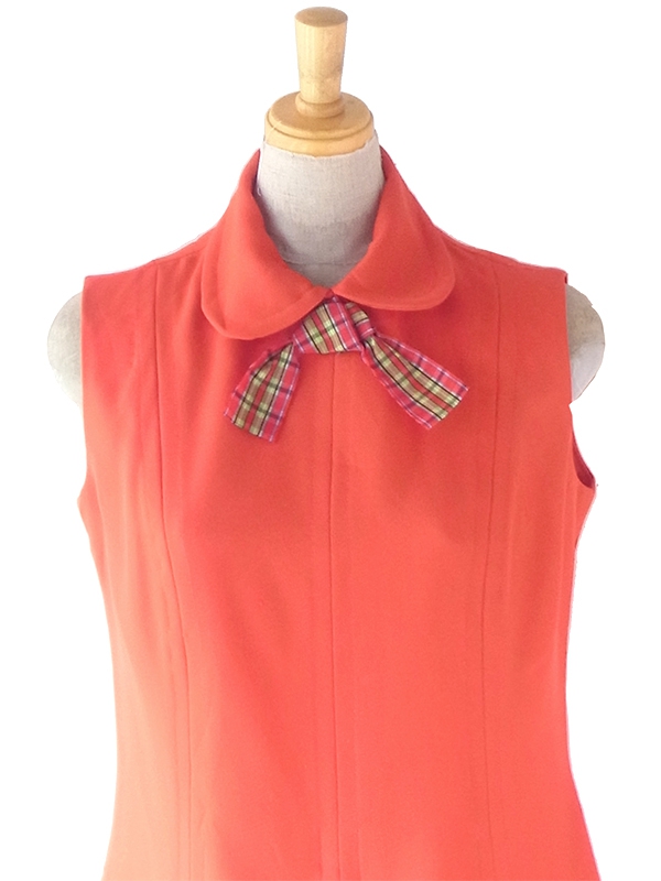 ヨーロッパ古着 ロンドン買い付け 70年代製 レッド X タータンチェック リボン プリーツ ワンピース 22OM300