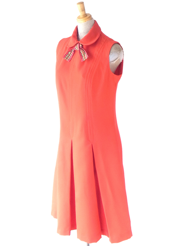 ヨーロッパ古着 ロンドン買い付け 70年代製 レッド X タータンチェック リボン プリーツ ワンピース 22OM300